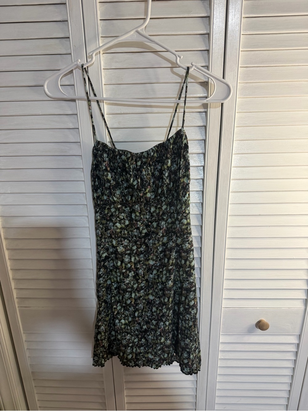 Free People Black and Green Floral Spaghetti-Strap Mini Dress